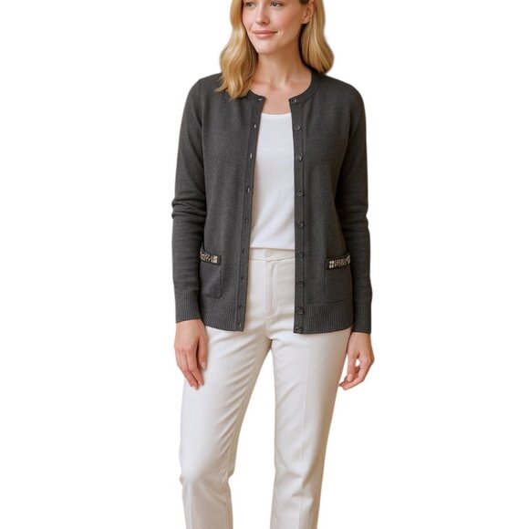 Vera Wang Cardigan Womens L Gray Lightweight Rhinestone Preppy Academia Princess - Picture 1 of 15